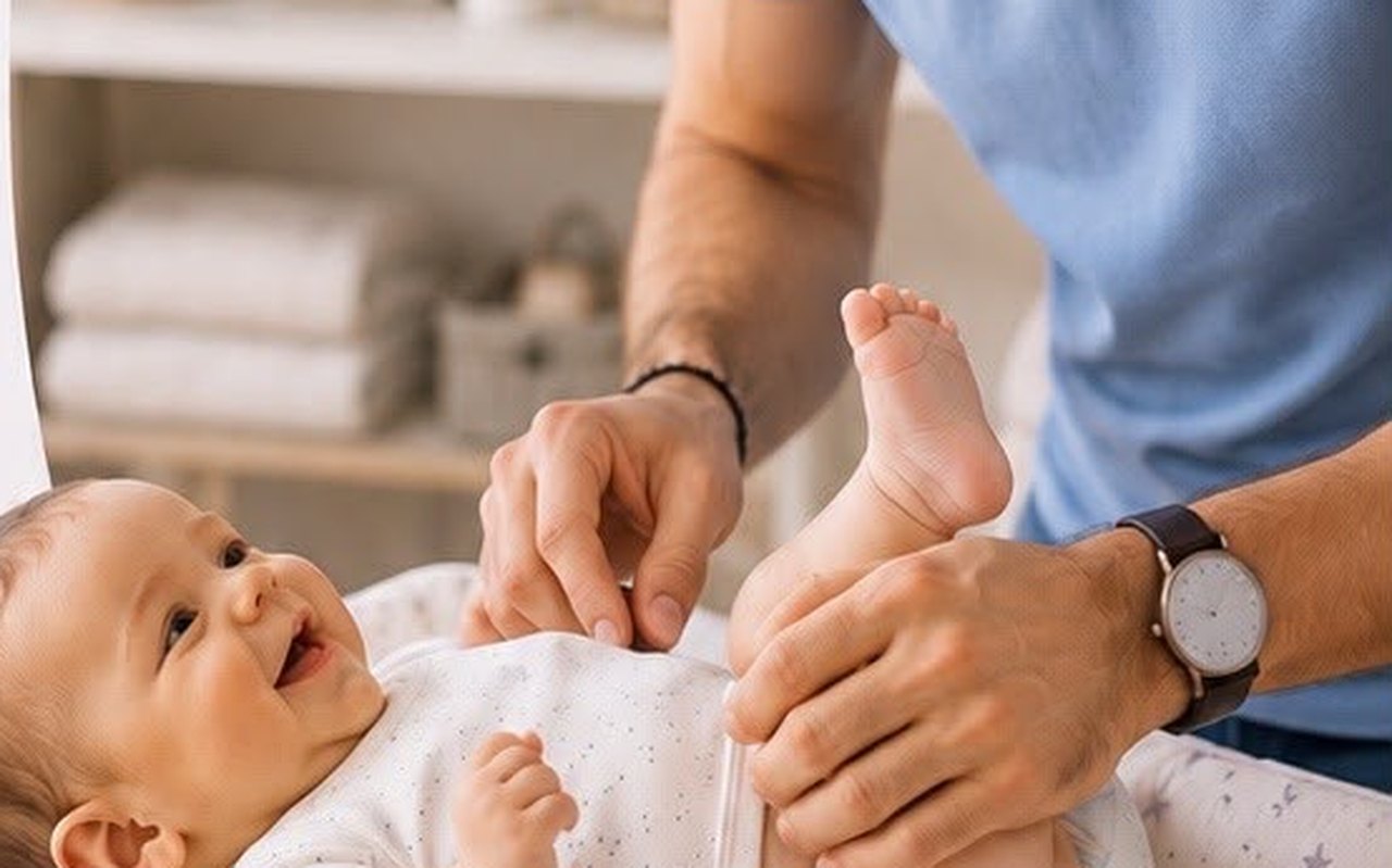 Un père change son bébé sur la table à langer